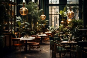Fototapeta na wymiar A luxurious restaurant interior with elegant tables and chairs, Generative Ai