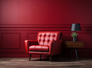 a red armchair against a red wall and wooden floor, generative AI