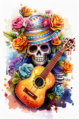 Day of the Dead skull with flowers and guitar illustration. selective focus.  