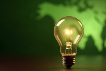 Green World Map On The Light Bulb With Green Background, Renewable Energy Environmental Protection, Renewable, Sustainable Energy Sources. Environmental Friendly. Renewable Energy