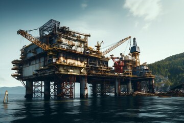 Offshore oil and gas wellhead on a remote platform, Generative Ai