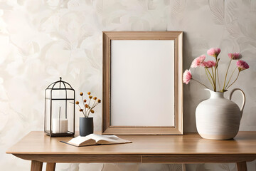 Blank Wooden Picture Frame Mockup Hanging on Beige Wall Empty Poster Mockup for Art Display. Front View with Copy Space