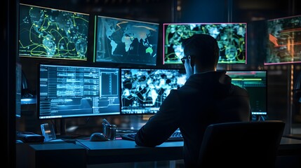security analyst trying fighting cyber crime. Cyber hacker with computer.