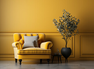 a yellow armchair against a yellow wall and wooden floor,