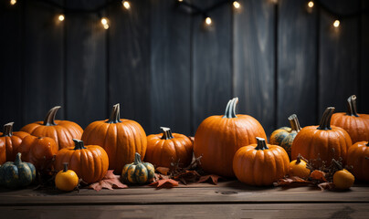 Pumpkin autumn decor flatlay on wooden table.Autumn composition. Pumpkins,fallen leaves on wooden table. Happy Thanksgiving concept. Flat lay, top view, copy space Orange Yellow fall colors