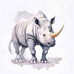 Obraz premium African rhinoceros. Watercolor drawing, hand-drawn rhinoceros in watercolor on a white background with blue and gray paint. for children's books, for cards, Children's illustration.