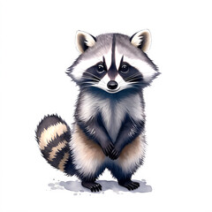 Obraz premium Raccoon in cartoon style. Cute Little Cartoon Raccoon isolated on white background. Watercolor drawing, hand-drawn Raccoon in watercolor. For children's books, for cards, Children's illustration.