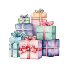 Watercolor pile of colorful gift boxes, ai generative