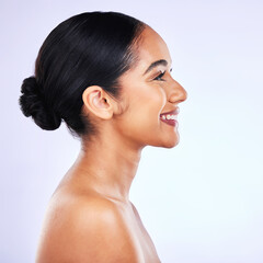 Skincare, profile and happy Indian woman in studio for body care, cosmetics and results on white background. Side, beauty and female wellness model smile for luxury dermatology, treatment or routine