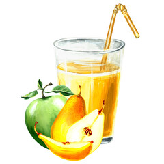 Watercolor illustration of yellow glass with apple, pumpkin and pear. Hand drawn watercolor illustration JPEG for design, fabrics, wrapping paper, wallpaper, 
covers, greeting cards, prints on clothin