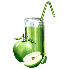 Watercolor illustration of green glass with apple and celery. Hand drawn watercolor illustration JPEG for design, fabrics, wrapping paper, wallpaper, 
covers, greeting cards, prints on clothing
