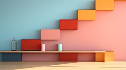 pastel tone color in blue orange yellow room with geometric design,  wall and interior, Generative Ai
