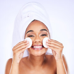 Skincare, cotton and woman portrait in studio for makeup removal, toner or hydration on white...