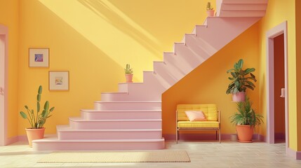 abstract background of colorful vivid fun tone color wall with steps stair, yellow , idea for creative architecture background, wall and interior Generative Ai