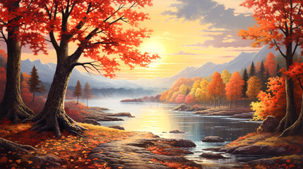 Autumn landscape in watercolor, gold leaves in abundance