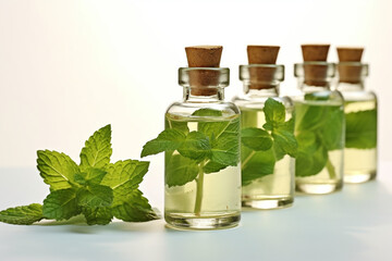 Oil of peppermint in small bottles, fresh green mint on white background