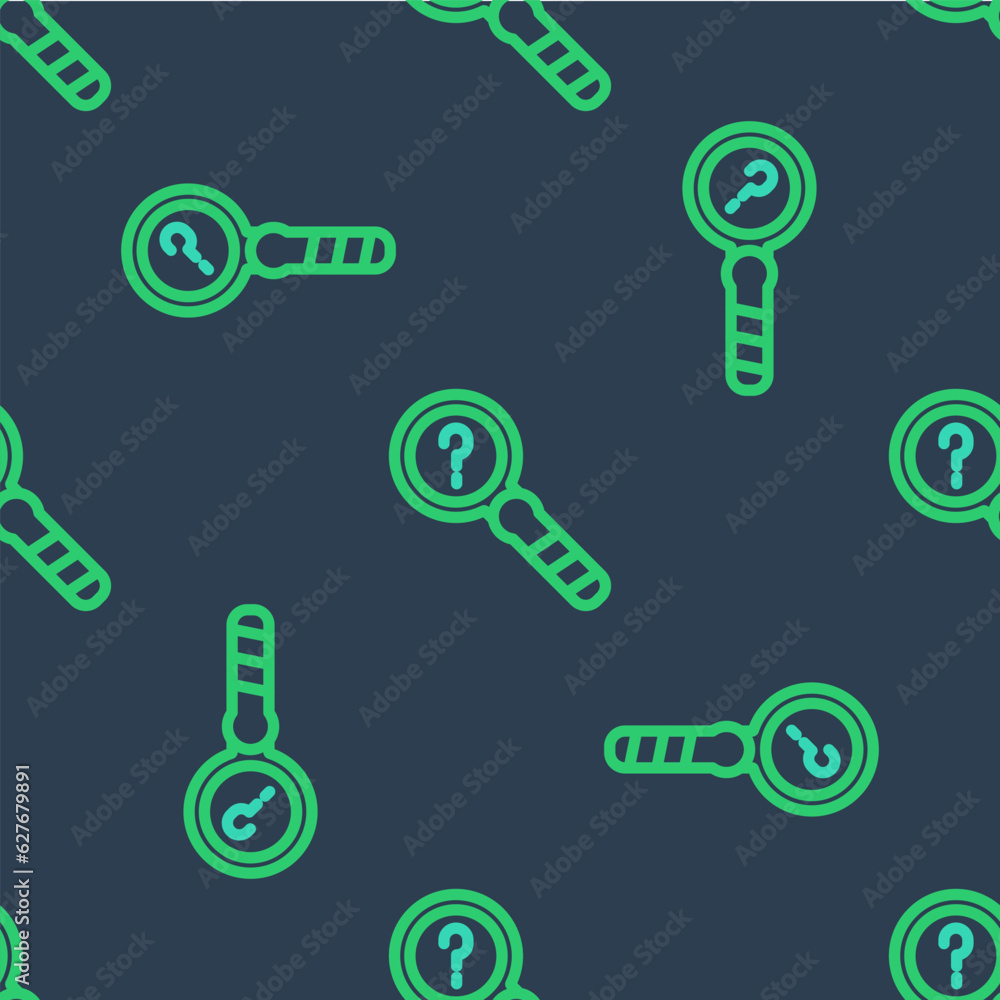 Poster line unknown search icon isolated seamless pattern on blue background. magnifying glass and question