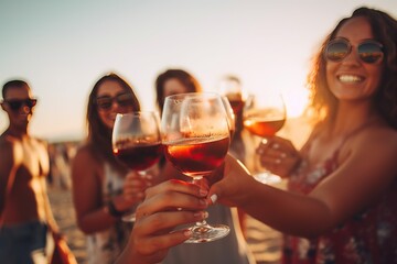 Diverse young people unite drinking with friends Sipping wine at an outdoor restaurant happy and fun