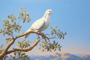 Whispers of Peace: White Dove on a Branch of a Crimson Tree, Generative AI