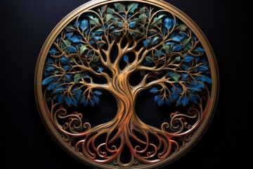 Fototapeta na wymiar Tree of life in the circular metal coin. Beautiful illustration picture. Generative AI