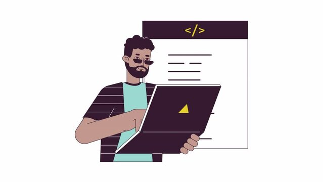 It developer coding on laptop line 2D animation. Software engineering remote employee 4K video motion graphic. Coder programmer developer linear animated cartoon flat concept, white background