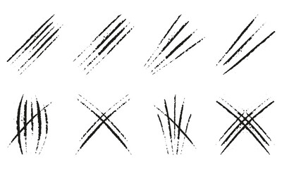 Claw Scratch Set. Wild Animal Attack Trace. Grunge Texture Slash Collection. Monster, Tiger or Cat Talon. Scary Laceration. Bear Nail Mark. Abstract Design Element. Isolated Vector Illustration