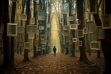 Frames flying in the air in the forest. Beautiful illustration picture. Generative AI