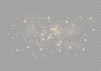 The light of gold dust. bokeh light effect background png. Christmas glowing dust background. Yellow flickering glow with confetti bokeh light and particle motion.