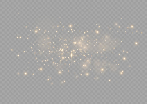 The light of gold dust. bokeh light effect background png. Christmas glowing dust background. Yellow flickering glow with confetti bokeh light and particle motion.