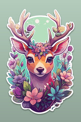 Illustration series containing some cute wild animals in decorative floral style and vivid colors.  This one focuses on a deer covered in flowers. 