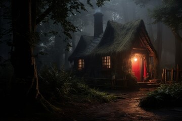 House with red colors at night in forest. Beautiful illustration picture. Generative AI