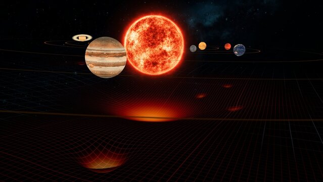 Gravity wireframe simulation in cosmos. Theory of Relativity in the Solar System. 3d illustration of gravity force field grid of sun and orbiting planets. Copy space side shot with Jupiter in front.