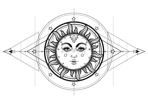 Sun and Triple moon pagan Wicca moon goddess symbol. Three-faced Goddess: Maiden – Mother – Crone isolated vector illustration. Tattoo, astrology, alchemy, boho and magic symbol. Coloring book..