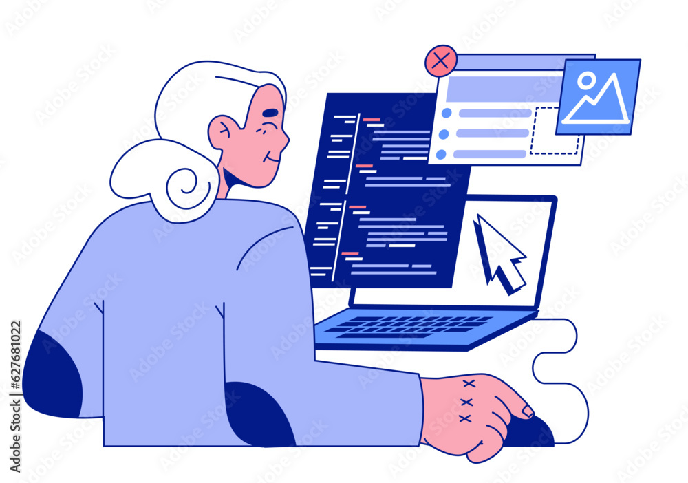Poster senior developer. old woman programming and coding. developing