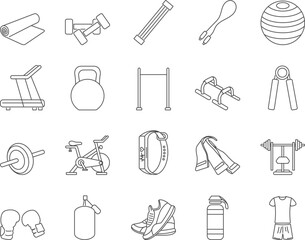 Fitness Equipment Icons Set. Dumbbells, Jump Rope, Sportswear. Editable Stroke. Simple Icons Vector Collection