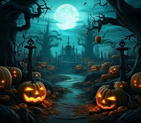 Spooky haunted forest with halloween Jack O' Lantern pumpkins on a halloween night