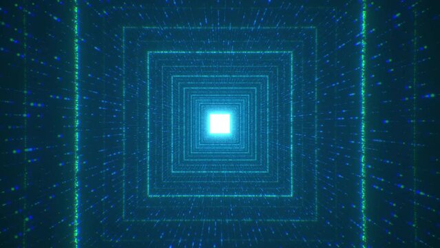 Flying into blue digital technologic tunnel. 3D Big data digital tunnel square with futuristic matrix. Binary code particles network. Technological and connection motion background. 60fps, seamless.