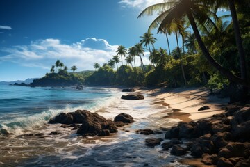 Fototapeta na wymiar Tropical Paradise with Palm-Fringed Beaches, Generative AI