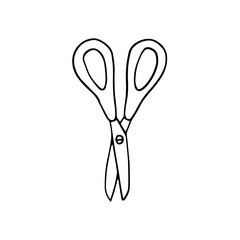 The scissors are isolated on a white background. Simple linear pattern. Black outline drawn by hand.
