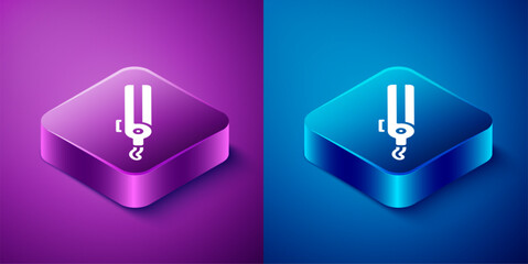 Isometric Curling iron for hair icon isolated on blue and purple background. Hair straightener icon. Square button. Vector