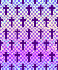 Kawaii funny spooky chequer seamless pattern. Halloween wrapping paper background in neon pastel colors. Cute gothic style. Vanilla rainbow concept.