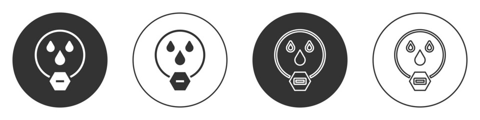 Black Water drop forbidden icon isolated on white background. No water sign. Circle button. Vector