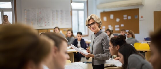 Confident teacher in classroom, generative ai