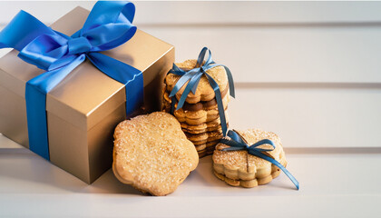 christmas cookies and gift, A gift box with a blue ribbon and some cookies, wallpaper. Jpeg, Ai Generate 