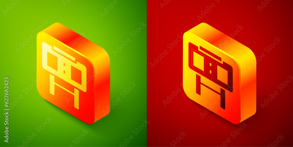 Poster isometric sport mechanical scoreboard and result display icon isolated on green and red background. 
