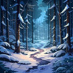 path in a snowy forest cartoon illustration