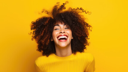 cheerful and funny happy woman in vivid shine yellow background, Generative AI