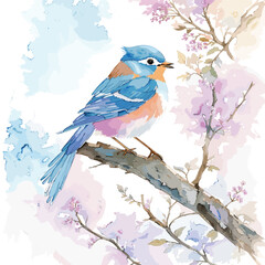 Watercolor Robin perched on a branch, its feathers illuminated by the soft pastel hues of the sky.