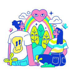 Psychedelic trip party. Rave camp, Characters drinking alcohol,