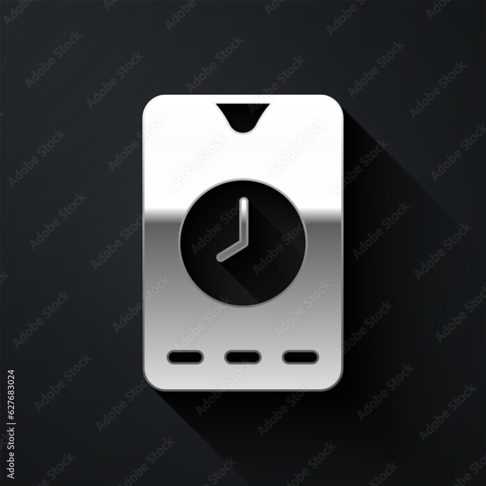 Poster silver alarm clock app smartphone interface icon isolated on black background. long shadow style. ve
